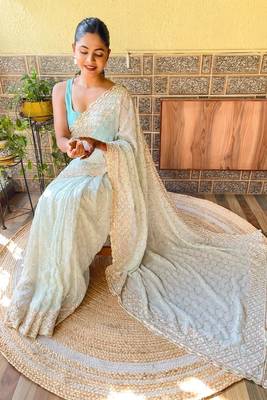 Sea Green Girlish Partywear Designer Sequins Embroidery Work Trendy Saree 2