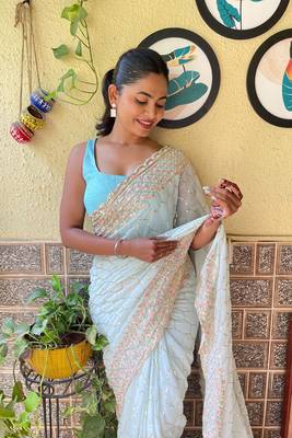 Sea Green Girlish Partywear Designer Sequins Embroidery Work Trendy Saree 3