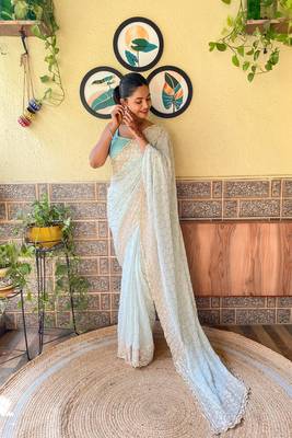 Sea Green Girlish Partywear Designer Sequins Embroidery Work Trendy Saree 4