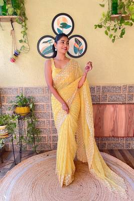 Yellow Girlish Partywear Sequins Embroidery Work Trendy Saree 1