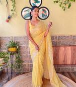 Yellow Girlish Partywear Designer Sequins Embroidery Work Trendy Saree