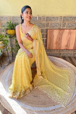 Yellow Girlish Partywear Sequins Embroidery Work Trendy Saree 2