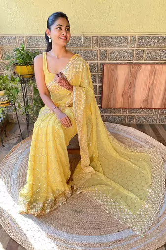 Yellow Girlish Partywear Sequins Embroidery Work Trendy Saree
