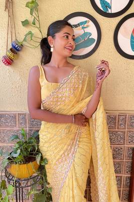 Yellow Girlish Partywear Sequins Embroidery Work Trendy Saree 3