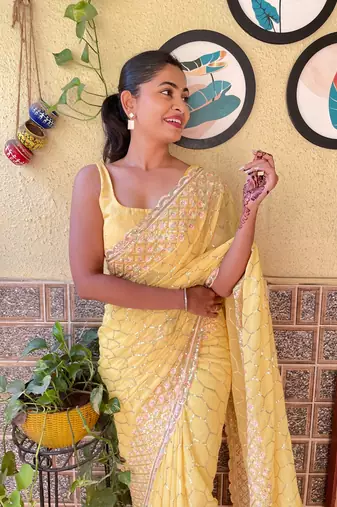 Yellow Girlish Partywear Sequins Embroidery Work Trendy Saree