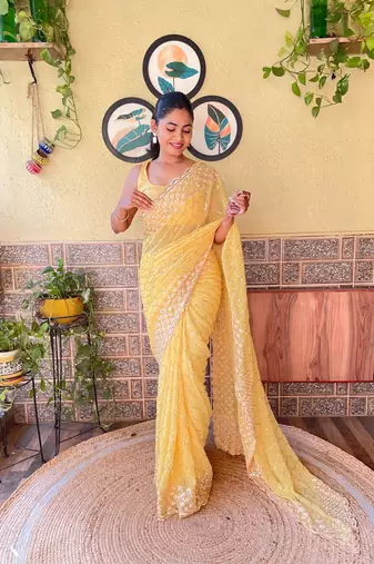 Yellow Girlish Partywear Sequins Embroidery Work Trendy Saree
