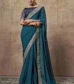 Designer partywear teal colour saree with embroidery work and heavy work blouse