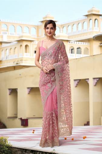 Pink Net Zari Embroidery Work Bollywood Style Saree for women