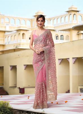 Pink Net Zari Embroidery Work Bollywood Style Saree for women 1