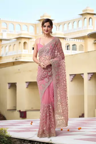 Pink Net Zari Embroidery Work Bollywood Style Saree for women