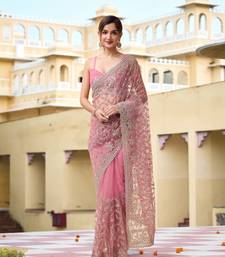 Pink Net Zari Embroidery Work Bollywood Style Saree for women
