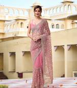 Pink Net Zari Embroidery Work Bollywood Style Saree for women