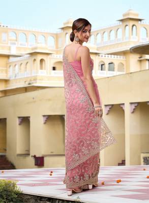 Pink Net Zari Embroidery Work Bollywood Style Saree for women 2