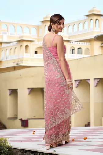 Trendmalls Pink Net Zari Embroidery Work Bollywood Style Saree for women