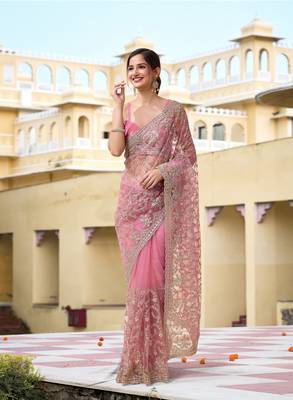 Pink Net Zari Embroidery Work Bollywood Style Saree for women 3