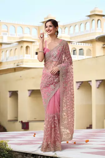 Trendmalls Pink Net Zari Embroidery Work Bollywood Style Saree for women
