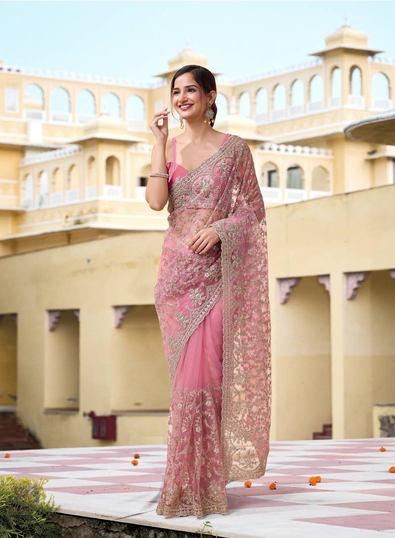 Pink Net Zari Embroidery Work Bollywood Style Saree for women