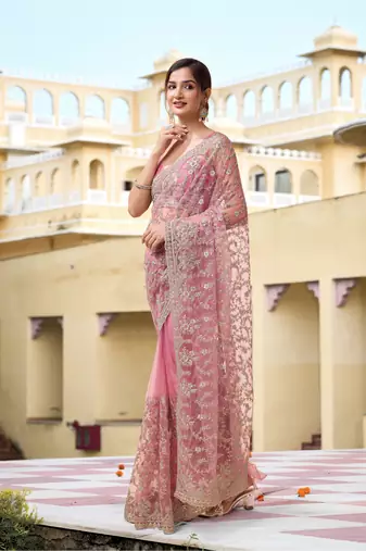 Trendmalls Pink Net Zari Embroidery Work Bollywood Style Saree for women