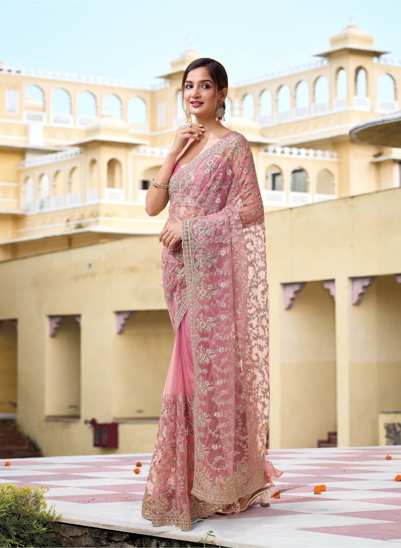 Pink Net Zari Embroidery Work Bollywood Style Saree for women