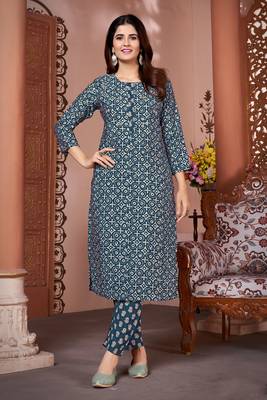 Ocean blue royal silk print and hand work on neck line kurta pant set 1