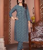 Ocean blue royal silk print and hand work on neck line kurta pant set