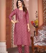 Magenta royal silk print and hand work on neck line kurta pant set