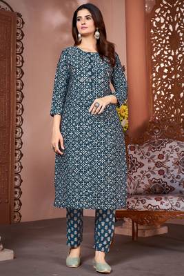 Ocean blue royal silk print and hand work on neck line kurta pant set 3