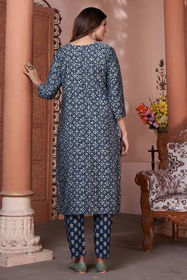 Ocean blue royal silk print and hand work on neck line kurta pant set 4