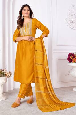 Mustard vertical silk thread sequins embroidery work salwar kameez 1