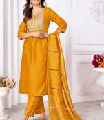 Mustard vertical silk thread sequins embroidery work salwar kameez