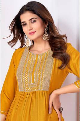 Mustard vertical silk thread sequins embroidery work salwar kameez 2
