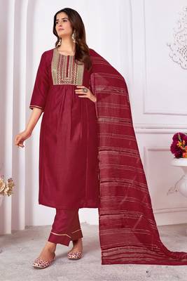 Maroon vertical silk thread sequins embroidery work salwar kameez 1