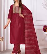 Maroon vertical silk thread sequins embroidery work salwar kameez