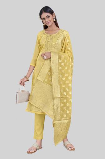 Yellow colour chanderi silk woven ethnic salwar suit
