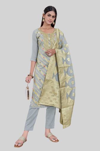 Grey colour chanderi silk woven ethnic salwar suit