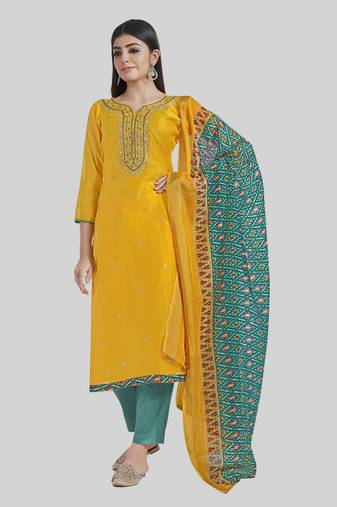 Beautiful yellow colour sober touch chanderi suit for festive season