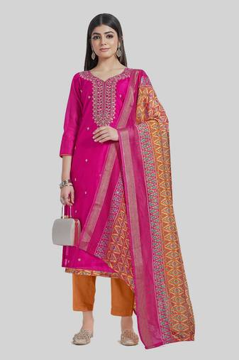 Beautiful pink colour sober touch chanderi suit for festive season