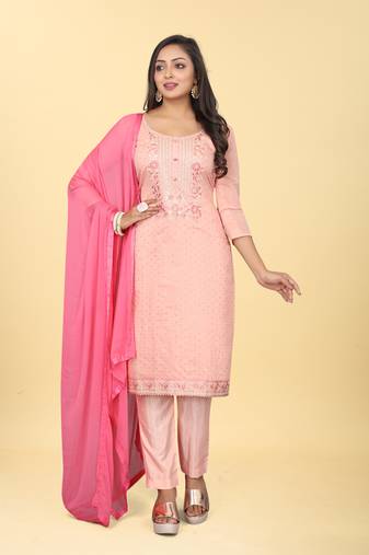 Beautiful pink colour sober touch chanderi suit for festive season