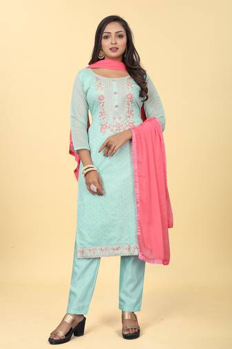 Beautiful aqua colour sober touch chanderi suit for festive season