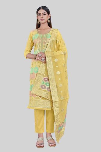 Yellow colour festive looks designer woven chanderi silk suit