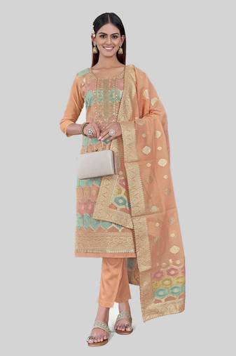 Peach colour festive looks designer woven chanderi silk suit