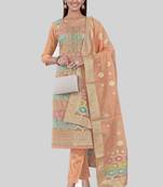 Peach colour festive looks designer woven chanderi silk suit