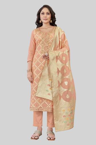 Peach colour festive looks designer woven chanderi silk suit