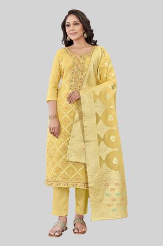 Yellow colour festive looks designer woven chanderi silk suit