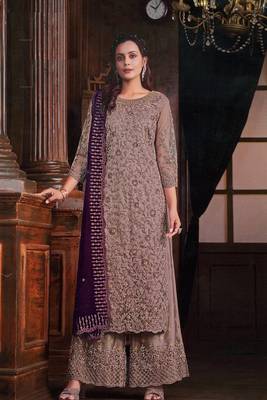 Mouve colour designer embroidery work girlish partywear net salwar kameez 1