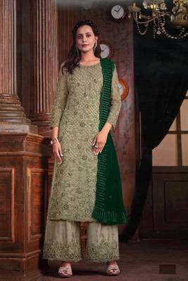Green colour designer embroidery work girlish partywear net salwar kameez 1