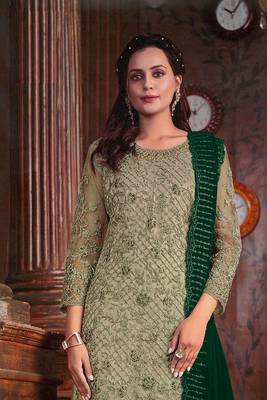 Green colour designer embroidery work girlish partywear net salwar kameez 2