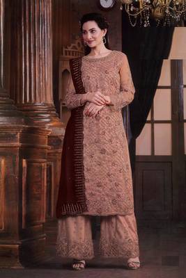 Peach colour designer embroidery work girlish partywear net salwar kameez 1