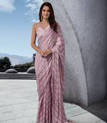 Pink Swarovski Embroidery Work Satin Silk Saree for Women 