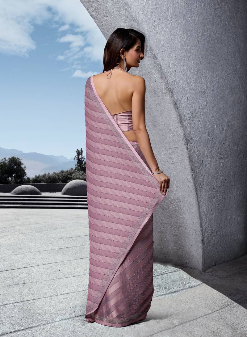 Pink Swarovski Embroidery Work Satin Silk Saree for Women 